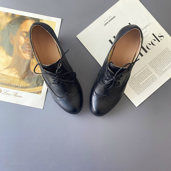 Genuine Leather Women's Oxfords Shoes, Black Handmade Chunky Heels, Brogue Shoes, Vintage Office Shoes, Customised Leather Shoes