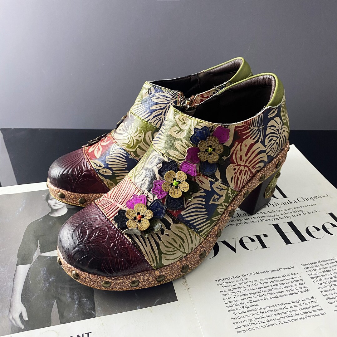 Vintage Women's Chunky Heels Leather Flower Chunky Heels Etsy