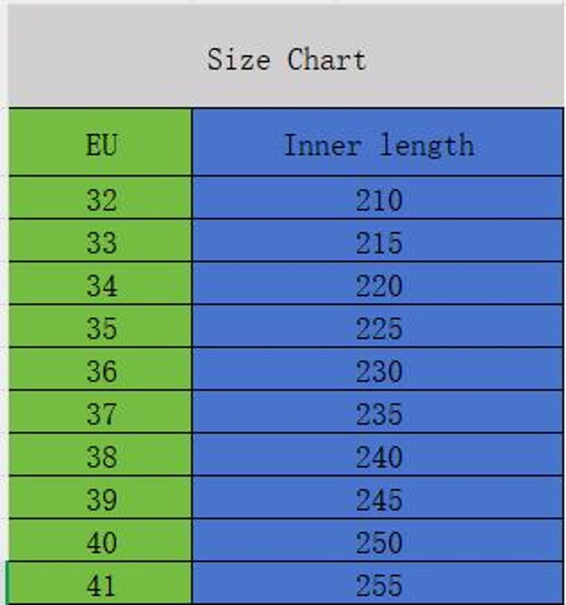 May include: A size chart with EU shoe sizes and corresponding inner lengths in millimeters. The chart is divided into green and blue columns, with sizes ranging from EU 32 to 41. The text "Size Chart" is at the top.