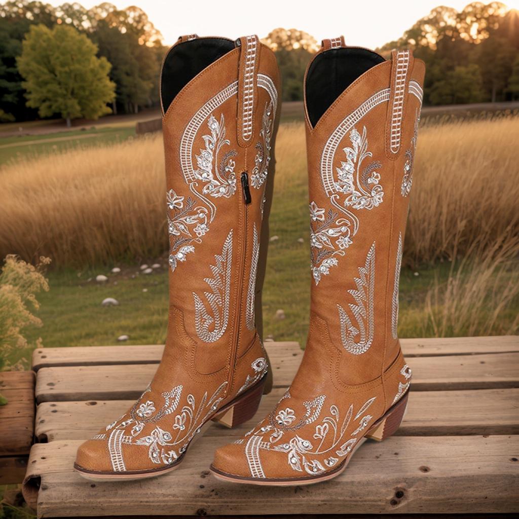 Embroidered Flower Cowgirl Boots, Retro Cowgirl Boots, Western Knee High Boots, Vintage Classic Boots, Trendy Western Boots