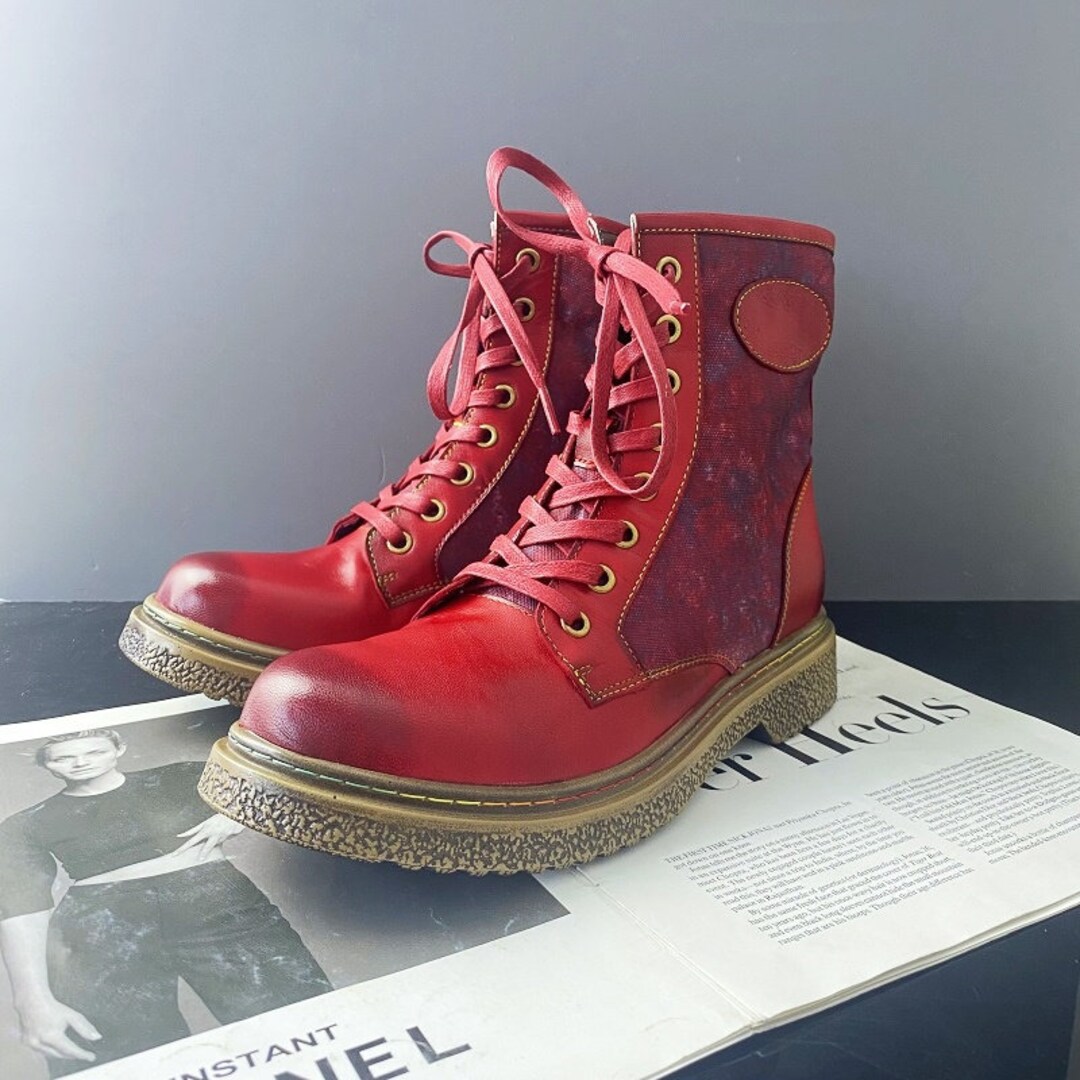 Women's Boots Red Casual Boots Leather Laceup Fighting Etsy