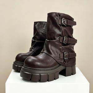 Chunky Platform Ankle Boots,Brown Moto Buckle Boots,Gothic Punk Combat Boots,Thick Sole Biker Boots,Y2K Grunge Fashion Shoes