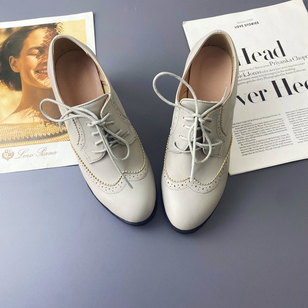 Leather Women's Oxfords Shoes Beige Leather Oxfords Etsy
