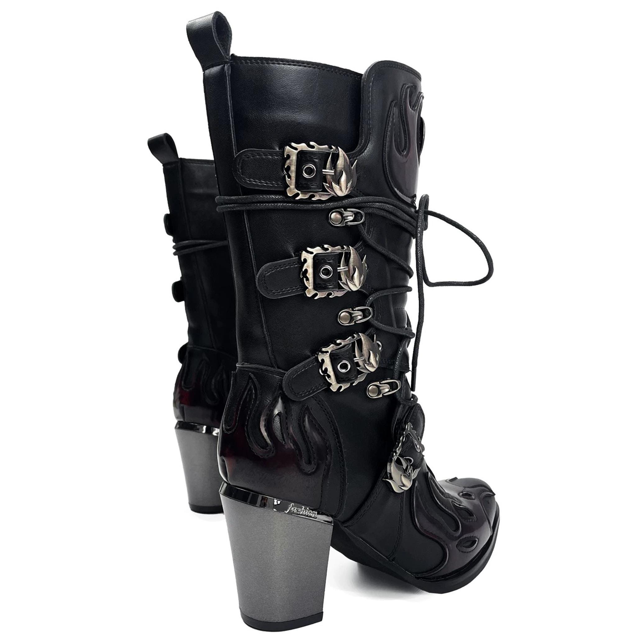 Black Red Flame Cowboy Boots, Gothic Western Boots, Punk Lace up