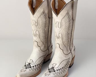 Cowboy Western Ankle Boots White Embroidered,Knee High Western Boots,Vintage Y2K Leather Rose Embroidered Flower Western Boots