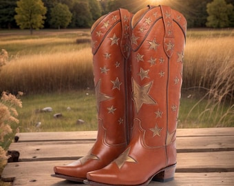 Retro Star Cowgirl Boots, Vintage Cowgirl Boots, Western Knee High Boots, Vintage Classic Boots, Trendy Western Boots