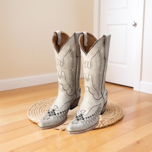 Cowboy Western Ankle Boots White Embroidered,Knee High Western Boots,Vintage Y2K Leather Rose Embroidered Flower Western Boots