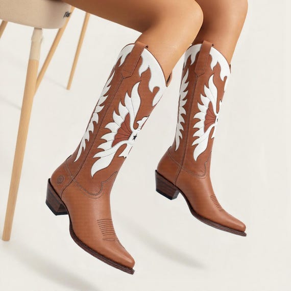 Tan Leather Western Cowboy Boots with Embroidered Shaft WOMEN Western WIDE CALF Cowgirl Boot Flower Embroidered Bota  main image 2