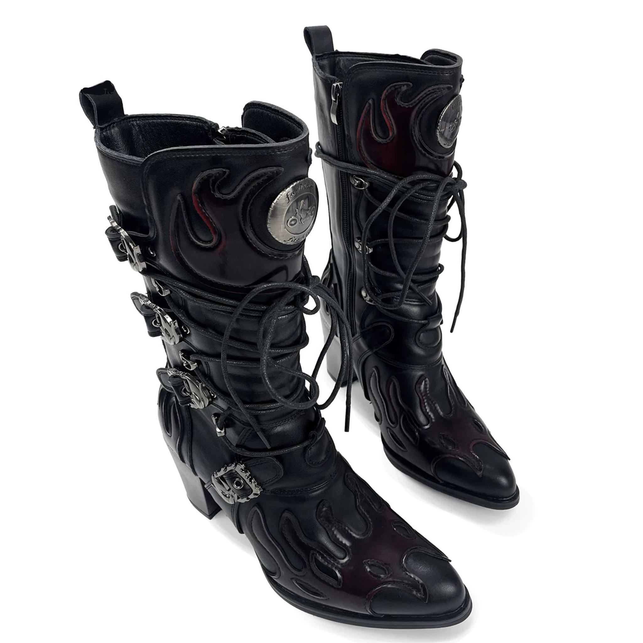 靴 y2k Dark Gothic Flame Western Boots Black Red Flame Cowboy Boots, Gothic Western Boots, Punk Lace up
