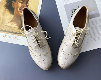 Leather Women's Oxford Shoes, Handmade White Carved Oxford Shoes, Women's Round Toe Leather Shoes, Women's Office Shoes