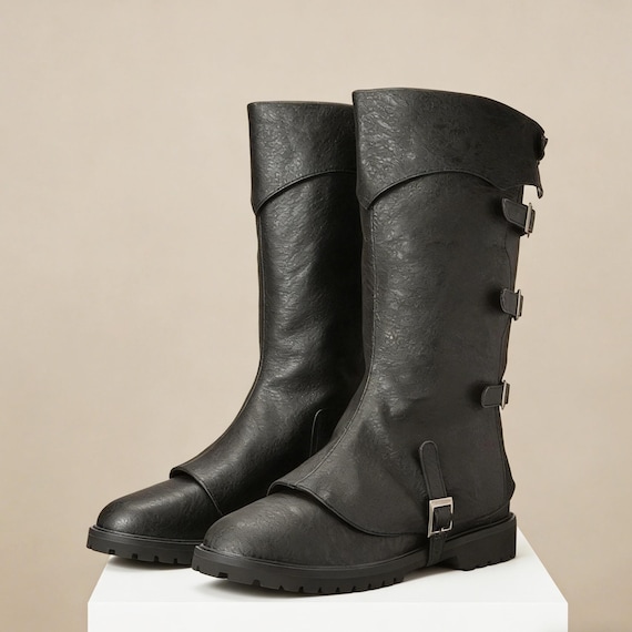 Middeleeuwse laarzen Renaissance Mannen Vrouwen Paladin Witcher Cosplay Kostuum Props Schoenen Viking Piraat PU Lederen Ridder Hoge Laarzen,zwart,48