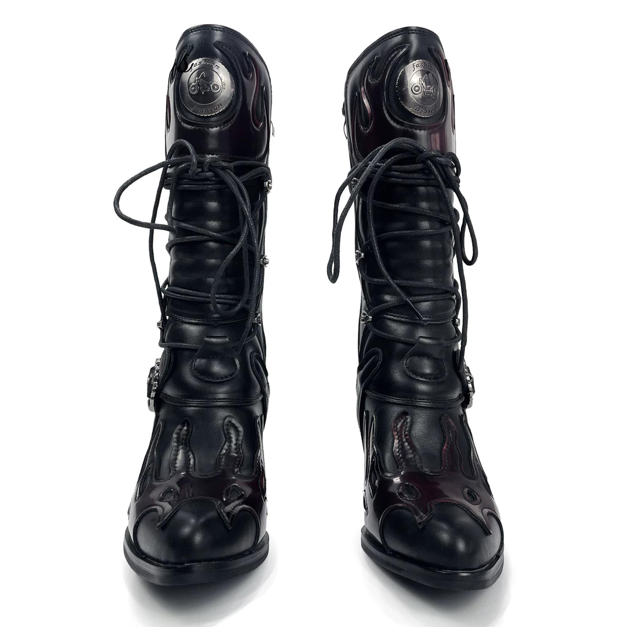 Black Red Flame Cowboy Boots, Gothic Western Boots, Punk Lace up