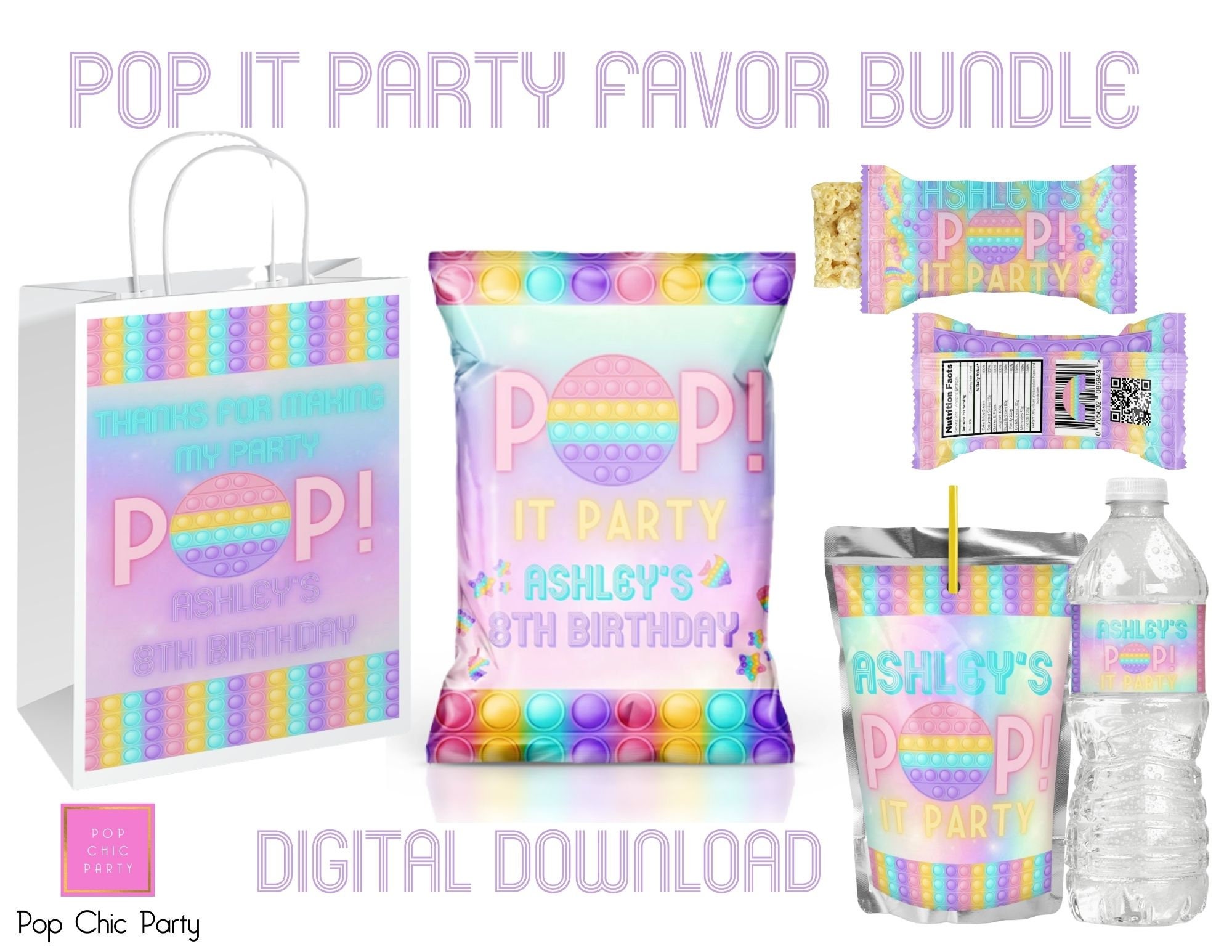 Pop It Party Favor Bundlechip Bagwater Bottle Labelrice Etsy