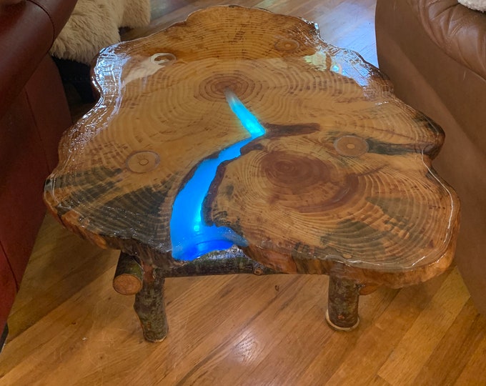 Blue LED River Table, Cherry Wood-Resin Steak coffee tables knives and Cutting board.