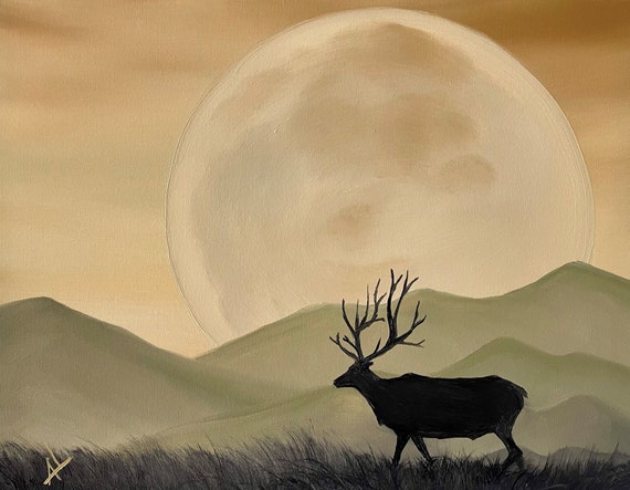 Original Oil Painting | Harvest Moon | 16 x 20 Stretched Canvas | Landscape Wall Art | Great for Gifts | Large Landscape Painting | Deer/Elk