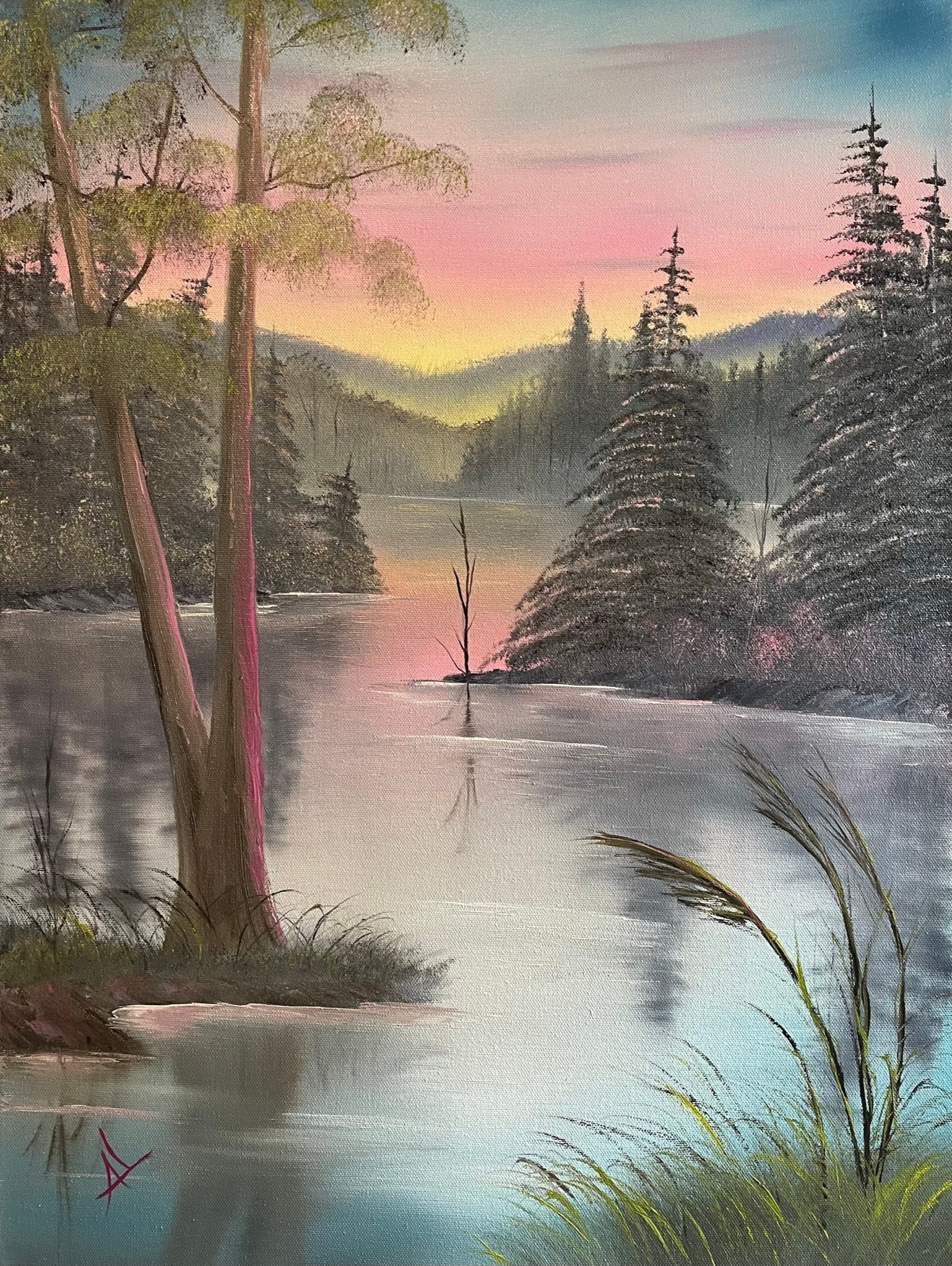 Original Oil Painting A Colorful Lake Sunset 16 X 20 Stretched Canvas Wall  Art Great for Gifts Large Landscape Painting 