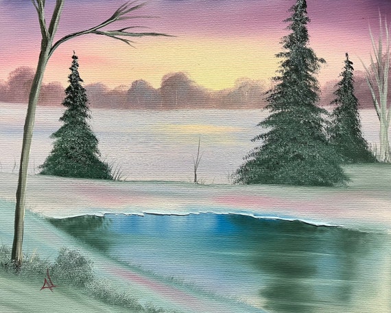 Original Oil Painting | Winter Pond | 16 x 20 Stretched Canvas | Wall Art | Great for Gifts | Large Landscape Painting