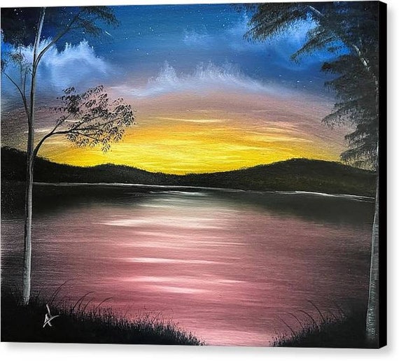 Original Oil Painting A Colorful Lake Sunset 16 X 20 Stretched Canvas Wall  Art Great for Gifts Large Landscape Painting 