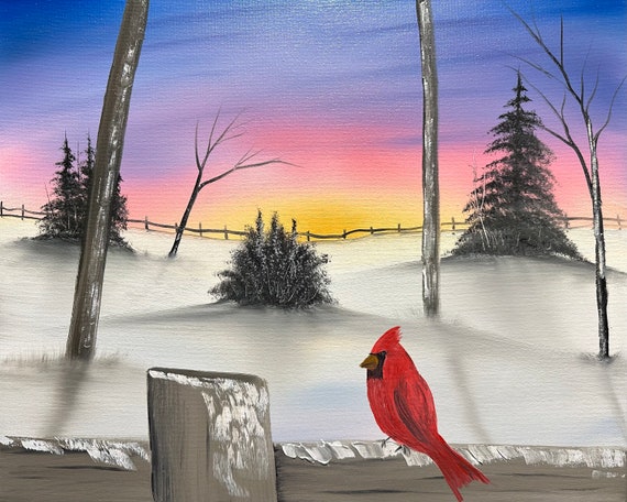 Original Oil Painting | Sunset Cardinal | 16 x 20 Stretched Canvas | Landscape Wall Art | Great for Gifts | Large Landscape Painting | Snow