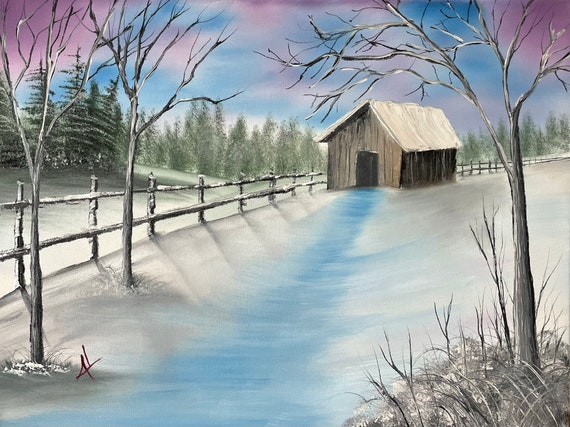 Original Oil Painting | Winter Cabin | 18 x 24 Stretched Canvas | Landscape Wall Art | Great for Gifts | Large Landscape Painting | Snow