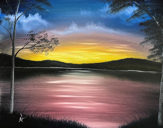 Original Oil Painting A Wall Sunset Lake Landscape Canvas Painting Great 16 for Art Colorful Etsy X Stretched Gifts - 20 Large