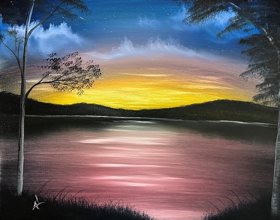 Original Oil Painting | A Colorful Lake Sunset | 16 x 20 Stretched Canvas | Wall Art | Great for Gifts | Large Landscape Painting