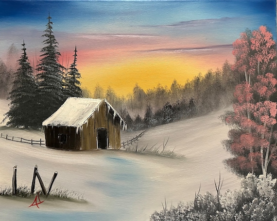 Original Oil Painting | A Golden Glow Cabin | 16 x 20 Stretched Canvas | Landscape Art | Great for Gifts | Large Landscape Painting | Snow