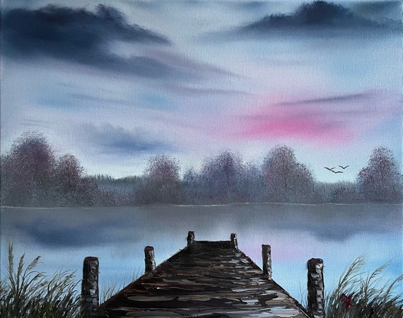 Original Oil Painting | Sunset Dock | 16 x 20 Stretched Canvas | Landscape Wall Art | Great for Gifts | Large Landscape Painting