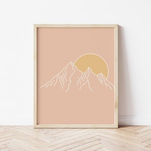 Pink Mountain Wall Art, Line Art Print, Minimalist Boho Art Print, Instant Digital Download, Aesthetic Room Decor, Landscape wall art