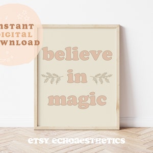Impresión de Navidad neutral, creer en arte imprimible de tipografía mágica, decoración de vivero de Navidad mágica, decoraciones de pared de vacaciones, Navidad minimalista