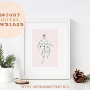 DIGITAL DOWNLOAD Minimalist Hanging Berry Wall Art, Pink and Green Christmas Printable, Winter Nursery Decorations