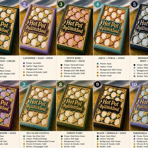 May include: A collection of ten rectangular boxes featuring a layered lattice design with small flower accents. Each box displays the text Hot Pot By Witch Soul in a decorative font. The boxes come in various color combinations including teal, lavender, rose, aqua, navy, plum, sea glass, forest green, black, and periwinkle.