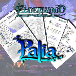 May include: A collection of informational guides with the text "Elderwood" and "Palia". The guides feature charts, maps, and illustrations of various creatures and locations. The background is a fantasy landscape with purple and orange hues.