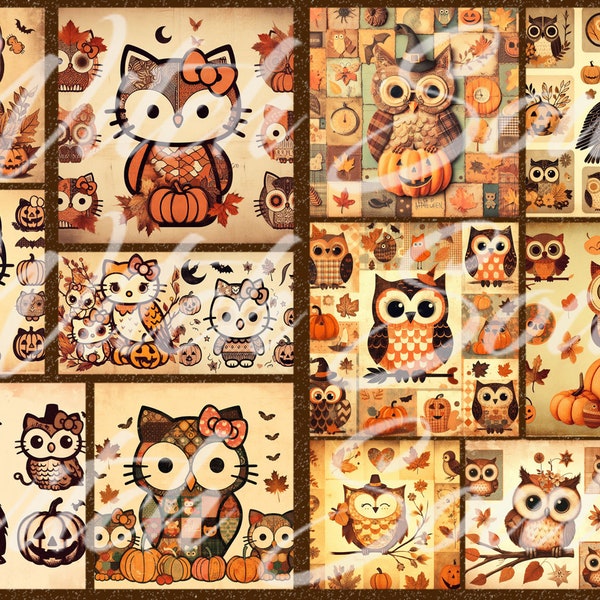 Two Super Cute Printable Owls Collages Vintage Halloween Fall Autumn Theme ideal for Scrapbook Junk Journal Papercrafts Gifts Decor