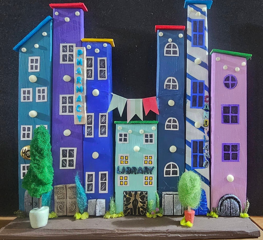 Wood Blocks Handmade Hippie Boho Shelf Sitter Decor Mini City Etsy