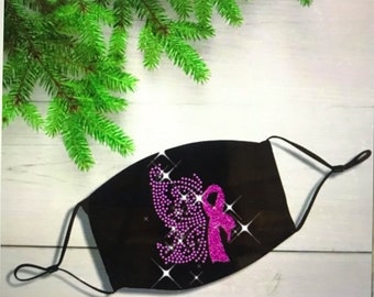 Cotton Face Mask with Filter Pocket and 2 filters- Rhinestone- Washable-Reusable-Hand made-US Seller-Same day Shipping-Ribbon-Breast Cancer