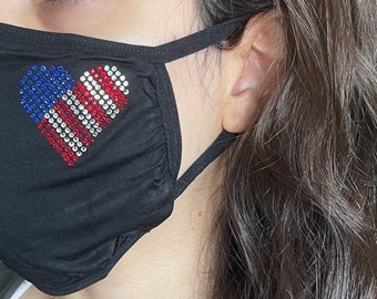 4th of July-American Flag- Cotton Face Mask with Filter Pocket and 2 filters-Rhinestone- Washable-Reusable-Hand made-US Seller-Fast Shipping