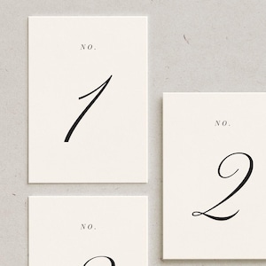 May include: Three ivory table number cards with black calligraphy numbers 1, 2, and 3. Each card has the word "no." above the number. The cards are rectangular and arranged on a light grey surface.