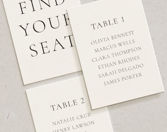 Tafelkaart bord, elegant modern receptiedecor, eenvoudige minimalistische bruiloftstafelkaart, op maat gemaakt gepersonaliseerd briefpapier tafelinstelling