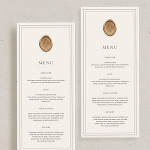Wachssiegel-Menü, individuelle moderne Hochzeitsmenükarte, elegantes personalisiertes Empfangsdekor, einfache minimalistische Vorlage, gedrucktes Abendmenü