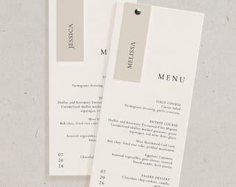 Może przedstawiać: Dwie prostokątne karty menu z nadrukowanymi imionami "JESSICA" i "MELISSA". Menu mają neutralną kolorystykę z jasnobeżowym tłem i ciemniejszym beżowym akcentem. Widoczne jest słowo "MENU".