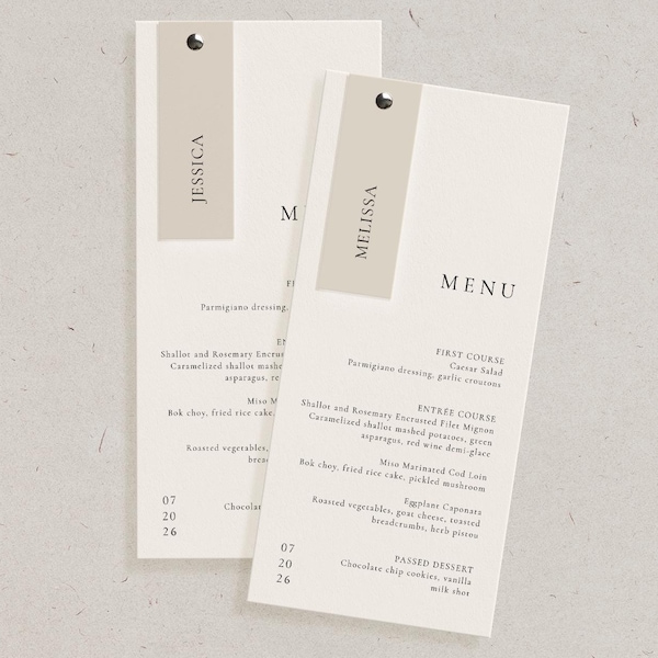 Menù e segnaposto per matrimonio moderni e personalizzati con fermacampioni argentati, decorazioni personalizzate, menu per cena stampato, semplice e minimalista, apparecchiatura per tavolo