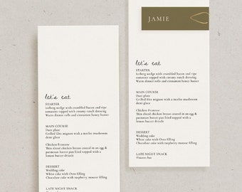 Custom Modern Wedding Menu and Place Card, Personalized Reception Decor, Simple Minimalist, Let's Eat, Printed Dinner Menu Table Setting
