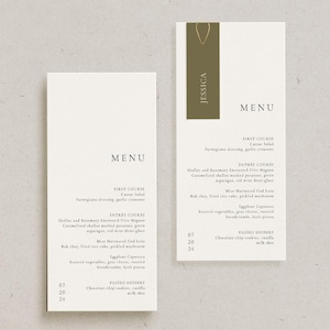Menu de mariage moderne personnalisé et marque-place, décoration de réception personnalisée, modèle minimaliste simple, couvert de table de menu de dîner imprimé