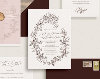 PRINTED Vintage Letterpress Wax Seal Wedding Invitations, Modern Letter Press Stationery Suite, Semi-Custom Blush and Burgundy Invites