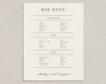 Custom Modern Wedding Bar Menu Card, Minimalist Printed Reception Decor, Personalized Cocktail Drinks Menu, Simple Elegant Personalized Bar