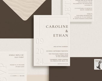 May include: A wedding stationery set featuring dark brown envelopes with textured cream liners, cream-colored invitation, details card, and RSVP card with embossed lettering. The invitation displays the names Caroline and Ethan and the date 09 20 24.