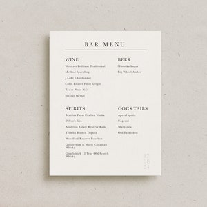 Niestandardowe menu baru Nowoczesna karta ślubna, minimalistyczny drukowany wystrój przyjęcia, spersonalizowane menu drinków koktajlowych, prosty elegancki znak papeterii