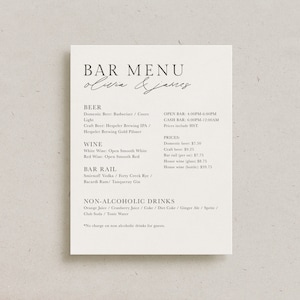 Menu personalizzato per bar per matrimoni moderni, decorazioni minimaliste per ricevimenti, menu per cocktail personalizzati, cartello di cancelleria semplice ed elegante