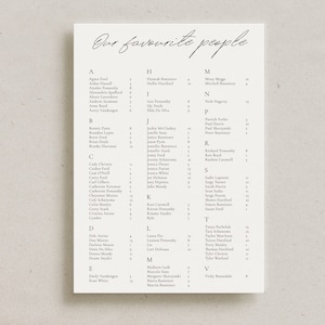 DOWNLOAD Moderne stoelentabel voor bruiloften, "Onze favoriete mensen" Elegante plattegrond, afdrukbare, minimalistische stoelentabel, alfabetische volgorde